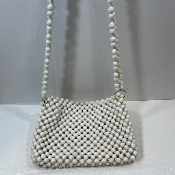 VTG White Beaded Fold Over Retro Shoulder Handbag Made in Japan 9"x6" - Picture 3 of 14